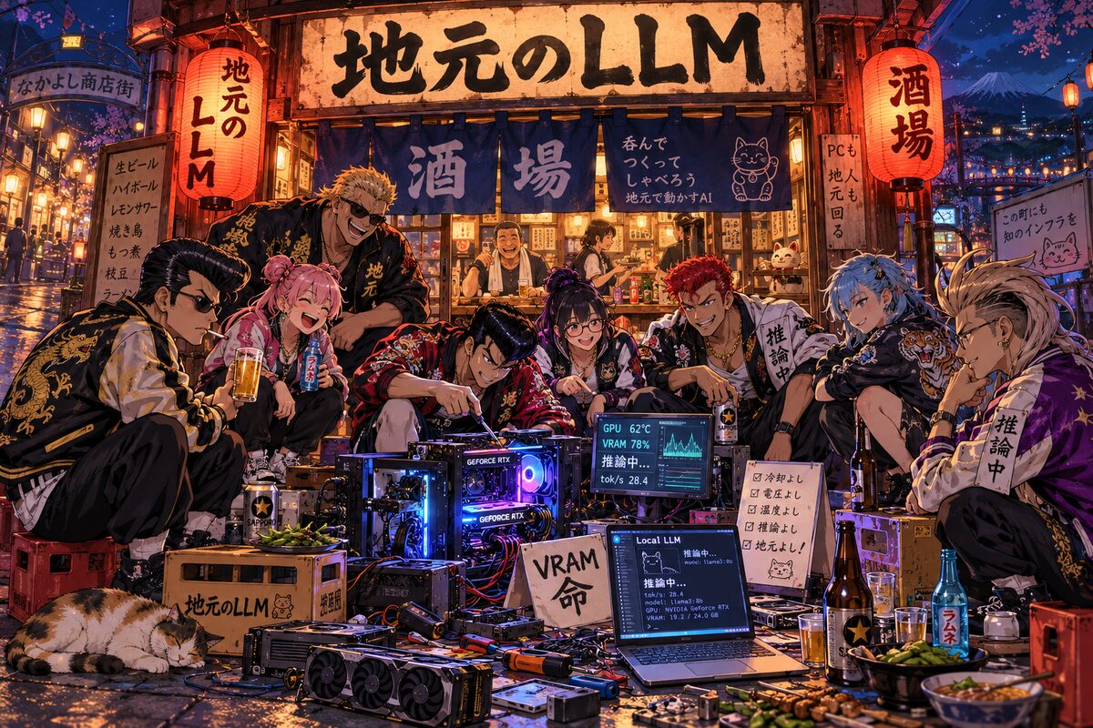 地元のLLM コミュニティの みんな(酒場に パソコンを 持ちこんで 推論中)